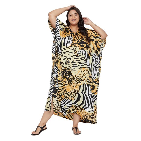 Yellow Polyester Tribal Printed Kaftan For Plus Size Women